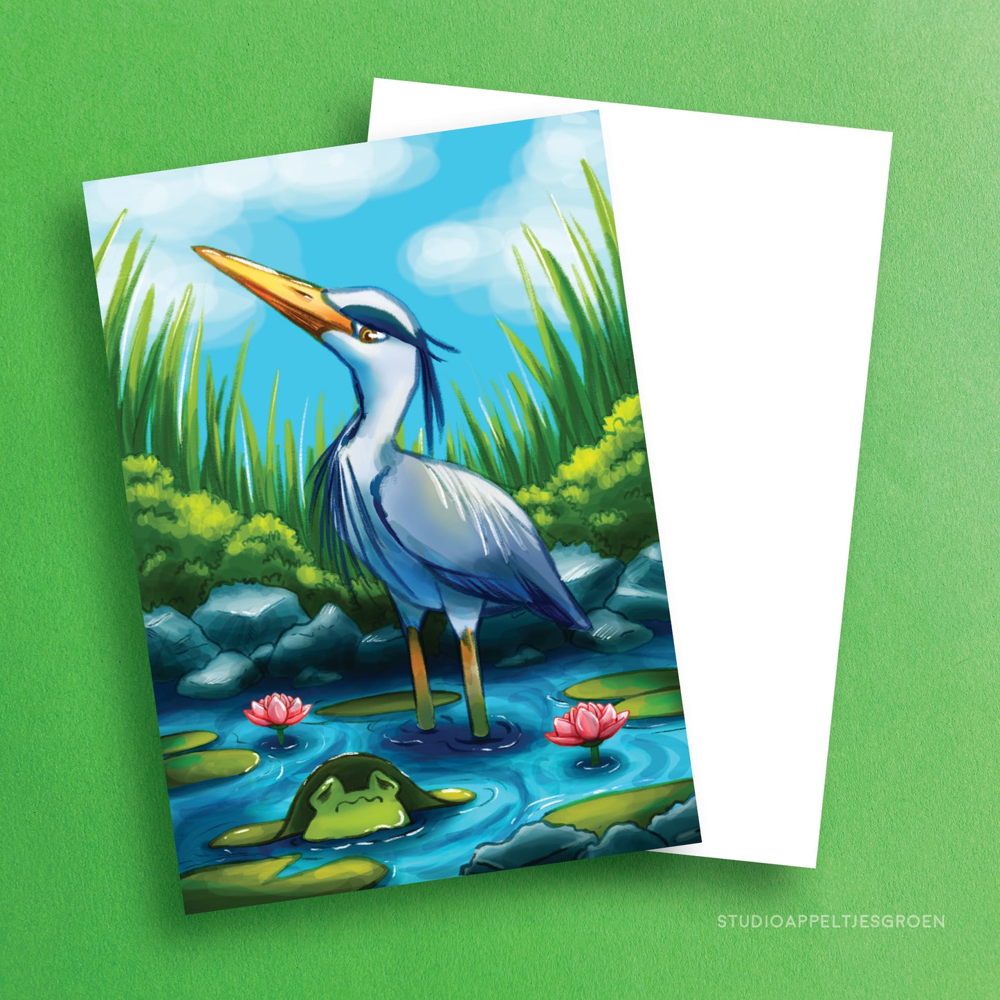 Postcard | Heron frog pond