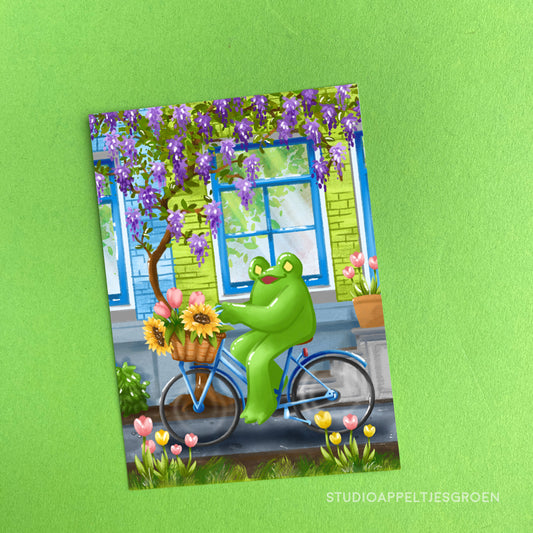 Postcard | Flower bike frog