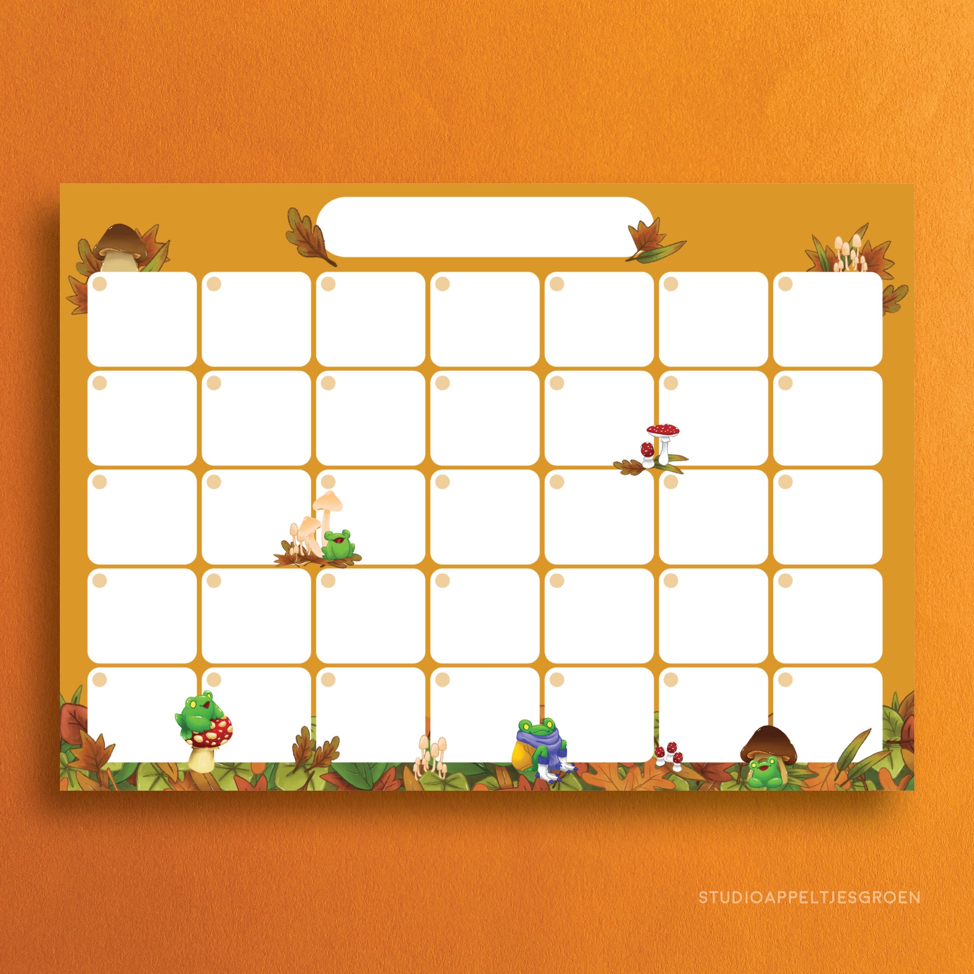 Monthly planner with mushrooms and frogs as decoration.